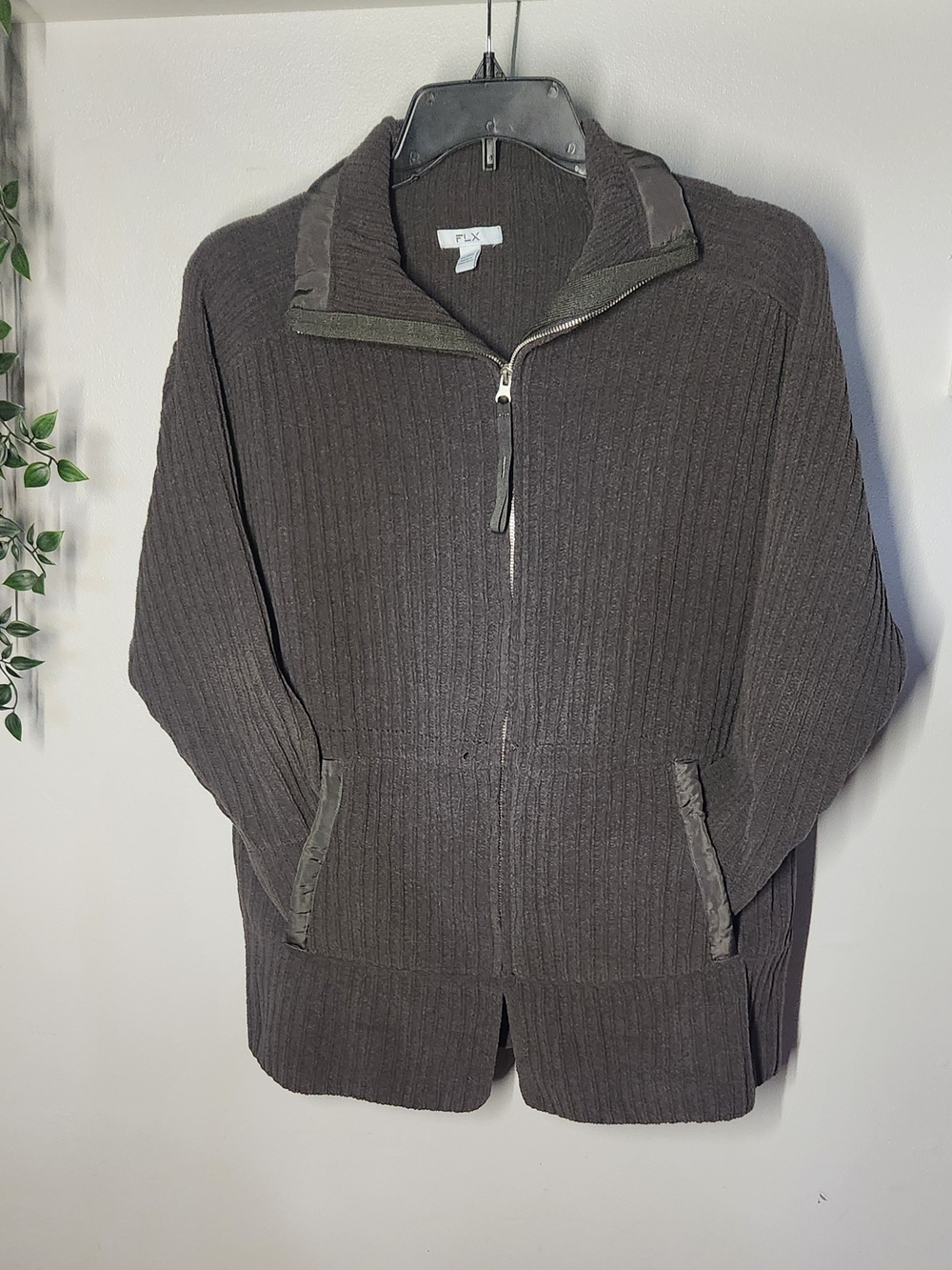 FLX Zip-Front Cable Knit Ribbed Sweater Jacket in Dark Gray Womens XL